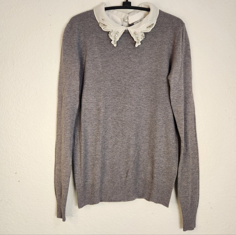 Vila Milano Elegant Gray Sweater w/ Scalloped Crystal Embellished Collar, Size M